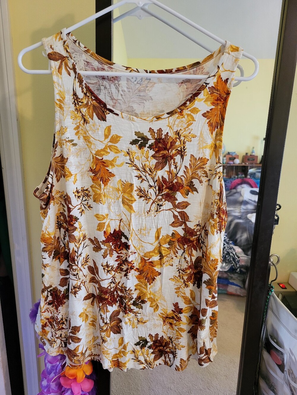Maurices White Tank Top with Yellow and Brown Floral Print